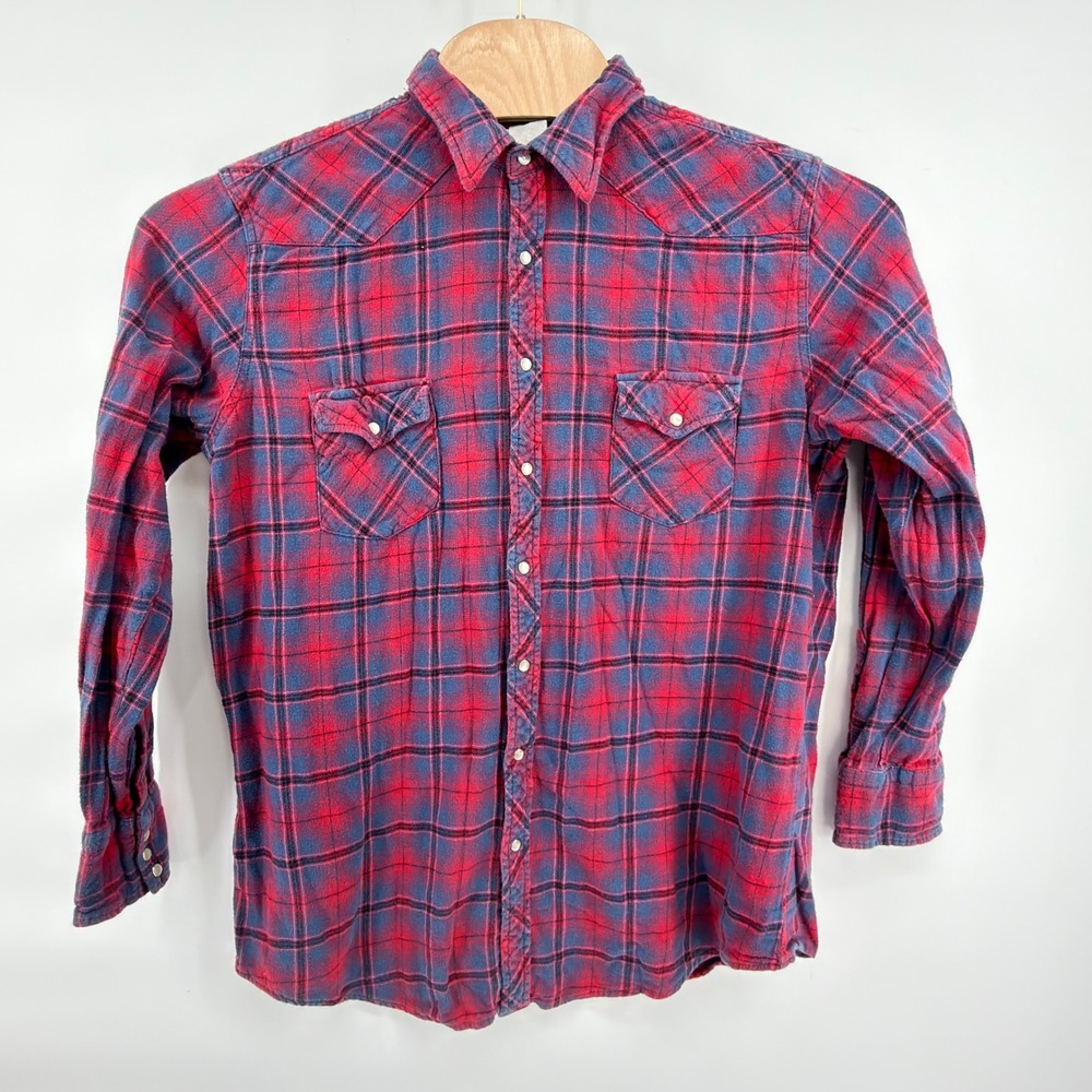 Wrangler Wrancher Western Shirt Mens XLT Red Blue Plaid Pearl Snap Flannel